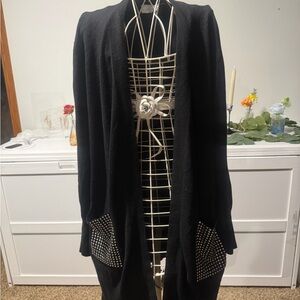 Milano Black Longline Open Cardigan with Studded Pockets